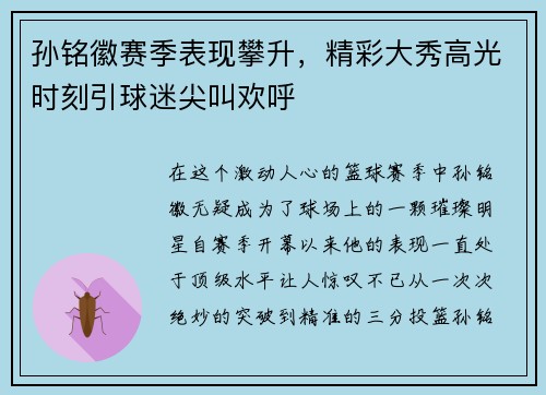孙铭徽赛季表现攀升，精彩大秀高光时刻引球迷尖叫欢呼